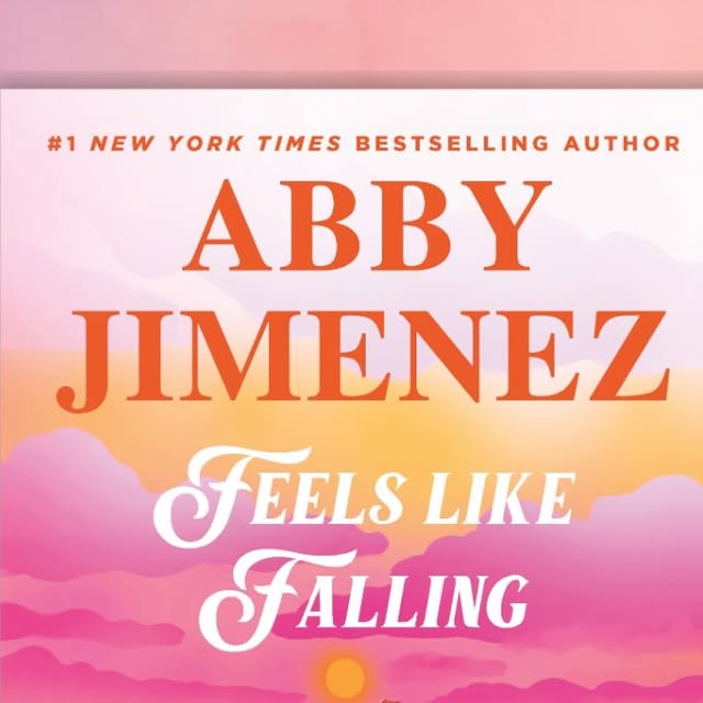 Cover of Feels Like Falling by Abby Jimenez, with a pink and orange sunset sky and white script title.