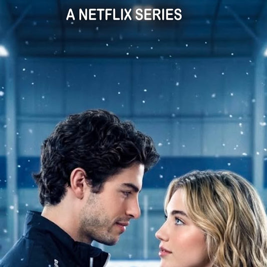 Promotional image for a Netflix series showing a dark-haired man and a blonde woman facing each other on an ice rink
