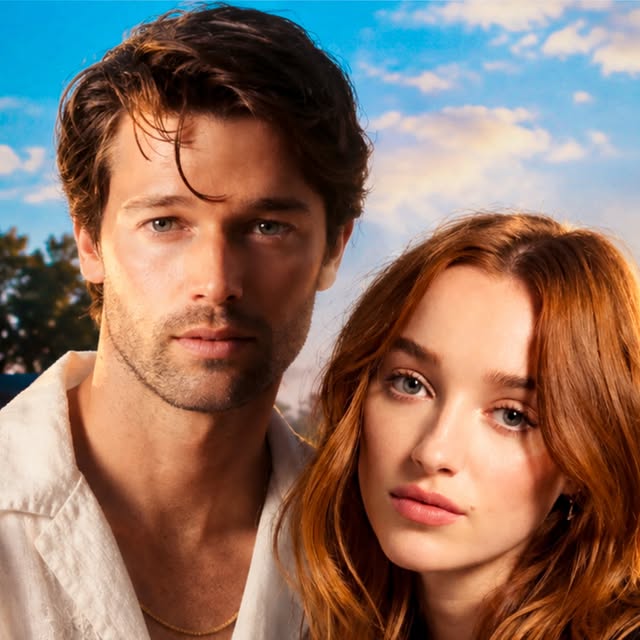 Promotional image of a dark-haired man in a white shirt and a red-haired woman against a bright, cloudy sky