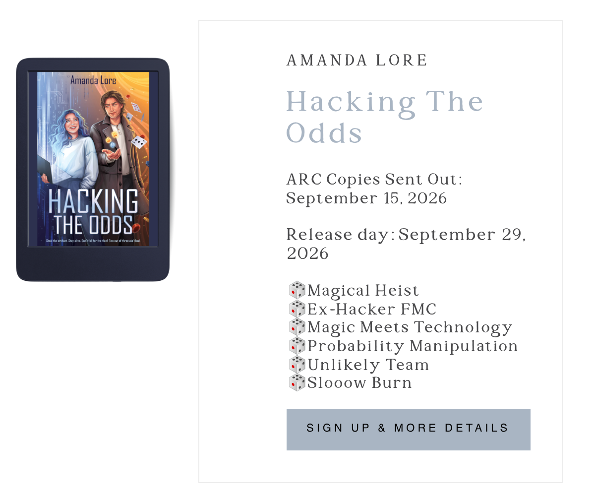 E-reader showing the Hacking the Odds cover beside release details for Amanda Lore's book.
