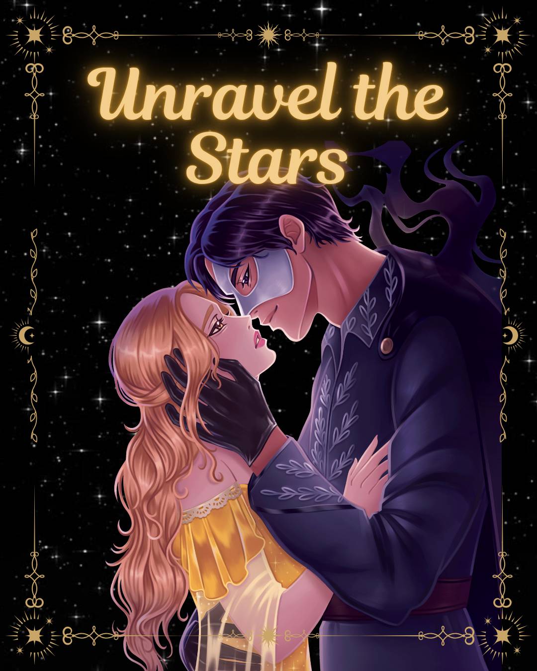 Unravel the Stars cover: a masked dark-haired man and a fair-haired woman embrace against a starry sky.