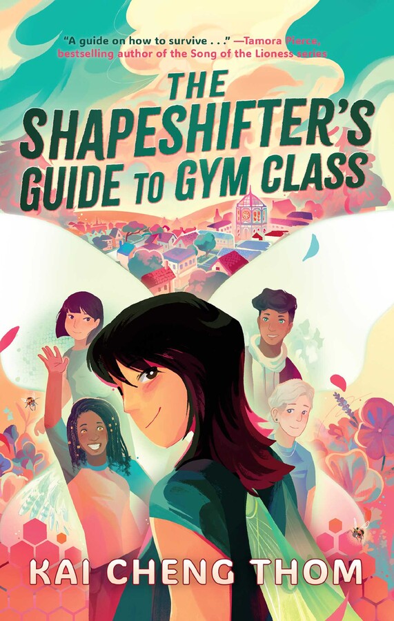 Cover of The Shapeshifter's Guide to Gym Class by Kai Cheng Thom, showing five illustrated kids and a pastel town.
